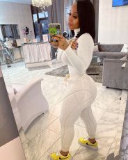 Solid Long Sleeve Rib Tops+Plush Pants Two Piece Suits NIK-191