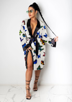 Sexy Printed Loose Full Sleeve Sashes Pajamas Midi Dress SHD-9452