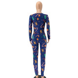 Christmas Print Skinny Sexy Buttons Jumpsuit OSIF-20887