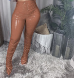 PU Leather High Waist Skinny Plush Split Stacked Pants BS-1237