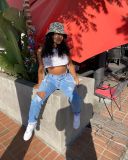 Plus Size Denim Ripped Hole Lace Up Jeans Pants LX-5516