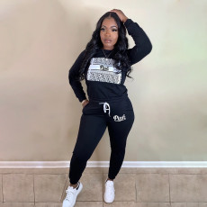 Plus Size Pink Letter Print Two Piece Pants Set WAF-P5011