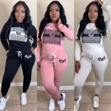 Plus Size Pink Letter Print Two Piece Pants Set WAF-P5011