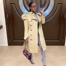 Trendy Puff Sleeve Double-breasted Lapel Trench Coat YD-8334