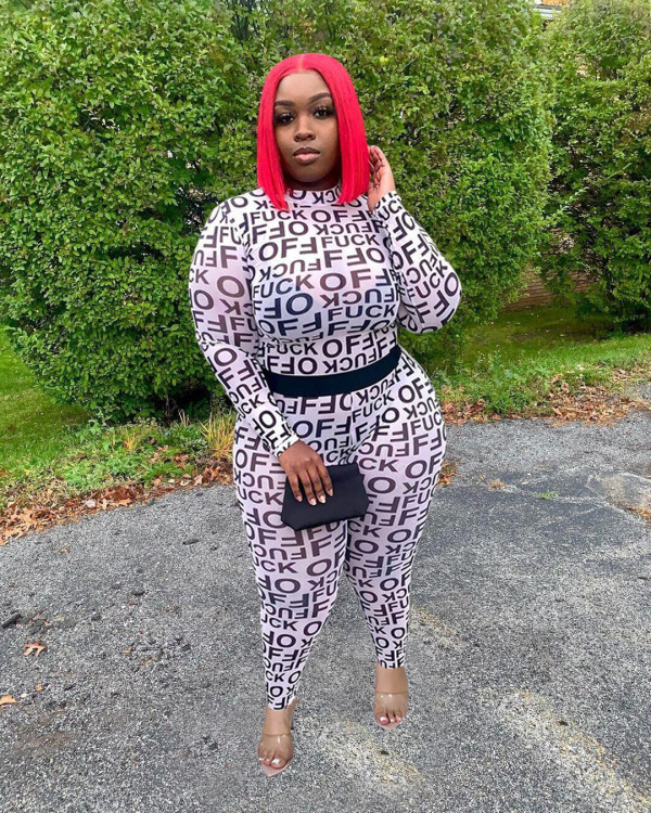 Letter Print Mesh Long Sleeve Two Piece Pants Set SFY-205