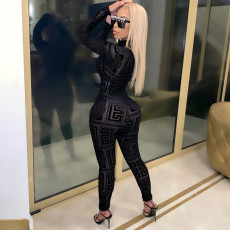 Sexy Geometric Print Mesh See Though Jumpsuit SHD-9459