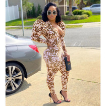 Trendy Printed Puff Sleeve Zipper Jumpsuit OMY-8082