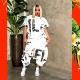 Plus Size 5XL Printed Short Sleeve Harem Pants Two Piece Set OMY-8055