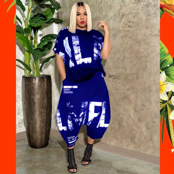 Plus Size 5XL Printed Short Sleeve Harem Pants Two Piece Set OMY-8055