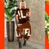 Plus Size 5XL Printed Short Sleeve Harem Pants Two Piece Set OMY-8055
