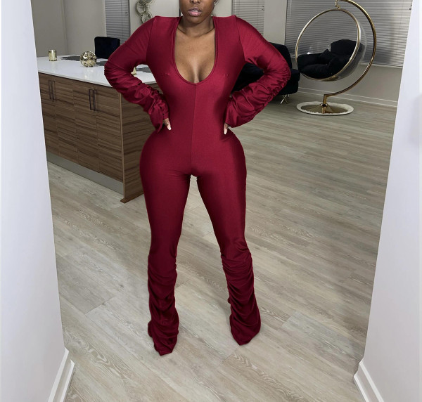 Solid Sexy Long Sleeve Ruched Jumpsuits SFY-211