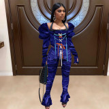Camo Print Lace Up Top Flared Pants 2 Piece Sets NIK-196 