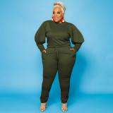 Plus Size 5XL Solid Long Sleeve Two Piece Pants Set OSIF-21022