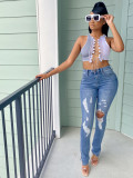 Plus Size Denim Ripped Hole Split Jeans Pants LX-5501