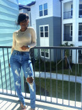 Plus Size Denim Ripped Hole Split Jeans Pants LX-5501
