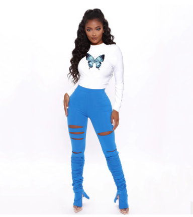 Long Sleeve Printed T-shirt And Pile Pants Two Piece Set YIBF-6015