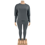 Plus Size 5XL Solid Long Sleeve Two Piece Pants Set OSIF-21022