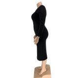Plus Size 5XL Solid Color Long Sleeve Skinny Bodycon Midi Dress Without Belt OSIF-20972