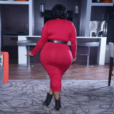 Plus Size 5XL Solid Color Long Sleeve Skinny Bodycon Midi Dress Without Belt OSIF-20972