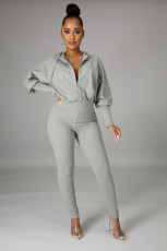 Solid Hooded Zipper Long Sleeve Jumpsuit OMY-8105