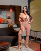 Solid Long Sleeve Top Ruched Shorts 2 Piece Sets OMY-8110