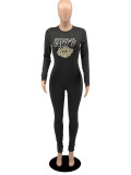 Casual Letter Lips Print Long Sleeve Tight Jumpsuit  YIBF-6035