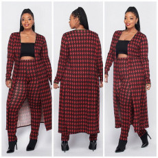 Plus Size Houndstooth Print Long Cloak+Pants 2 Piece Sets XMY-9293
