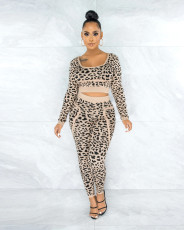 Plus Size Fashion Leopard Print Sports Casual Long Sleeve And Pants 2 Piece Set WAF-7139