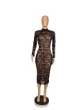 Sexy Mesh Printed Long Sleeve Midi Dress CHY-1311