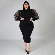 Plus Size Mesh Perspective Splice Sleeve Solid Color Slim Midi Dress NNWF-7020