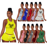 Pink Letter Print Tank Top Shorts 2 Piece Sets TE-4199