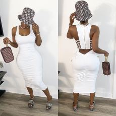 Plus Size Sexy Hollow Out Sleeveless Ruched Midi Dress LSD-8696