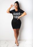 Letter Print O Neck Short Sleeve Mini Dress LSD-8822