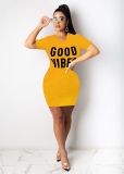 Letter Print O Neck Short Sleeve Mini Dress LSD-8822