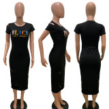 Plus Size 5XL Letter Print Hole Short Sleeve Midi Dress LSD-8703