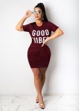 Letter Print O Neck Short Sleeve Mini Dress LSD-8822