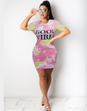 Letter Print O Neck Short Sleeve Mini Dress LSD-8822