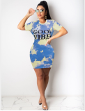 Letter Print O Neck Short Sleeve Mini Dress LSD-8822