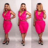 Plus Size Solid Ruffled Sleeveless Two Piece Shorts Set LSD-8111