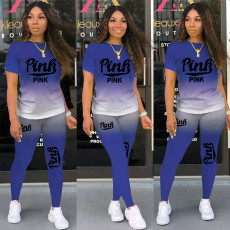 Pink Letter Print T Shirt Pants Two Piece Sets TK-6150