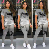 Pink Letter Print T Shirt Pants Two Piece Sets TK-6150