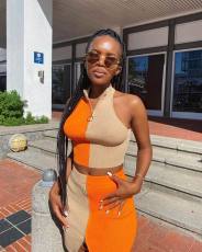 Contrast Color Patchwork Ribbed Mini Skirt 2 Piece Sets MDF-5213