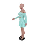 Solid Slash Neck Long Sleeve Top Pleated Mini Skirt 2 Piece Sets BS-1250