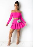 Solid Slash Neck Long Sleeve Top Pleated Mini Skirt 2 Piece Sets BS-1250