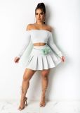 Solid Slash Neck Long Sleeve Top Pleated Mini Skirt 2 Piece Sets BS-1250