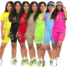 Plus Size Letter Print T Shirt Shorts Two Piece Sets HMS-5249