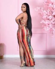 Sexy Printed Strappy Backless High Split Maxi Dress HMS-5440