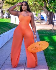Plus Size Sexy Mesh Halter Neck Lace-up Wide-leg Jumpsuit XYF-9091
