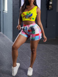Casual Printed Vest Drawstring Shorts Two Piece Sets FSL-148