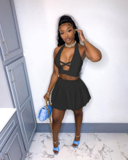 Sexy Solid Color Sleeveless Top And Pleated Skirt  Two Piece Sets XYF-9096